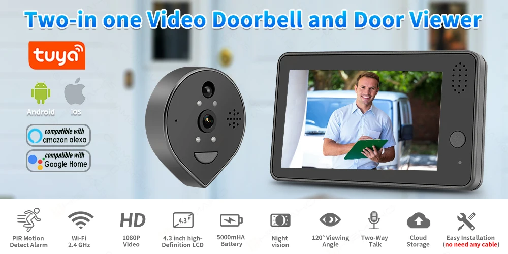 smart intercom system Tuya Wireless Doorbell 1080P Video Peephole Intercoms For Smart Home Apartment Alexa WiFi Door Bell 4.3inch LCD Cat Eye Monitor door station