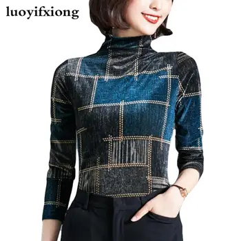 

Womens Tops and Blouses Vintage Plaid Print Long Sleeve Turtleneck Velour Blouse Women Shirts Fashion Plus Size Camisas Mujer