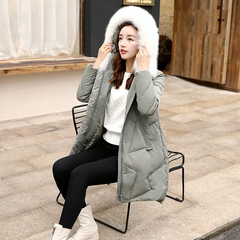 

Mid-length Solid Color 2019 Winter New Style with Thick with Genuine Fur Collar Pocket Cotton-padded Clothes