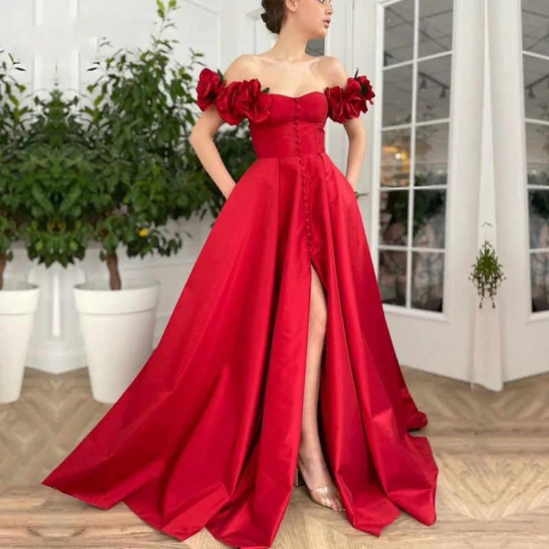 

Simple Sexy Evening Dress Red Off the Shoulder 3D Handmade Flowers Prom Gown Buttons Satin Wedding Celebrity Party Dresses Cheap