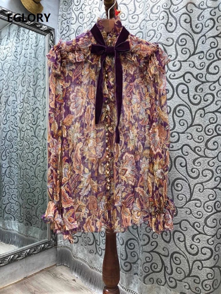 

100%Silk Blouse Shirts 2020 Autumn Winter Fashion Loose Blouses Women Bow Collar Runway Print Long Sleeve Vintage Shirts Female