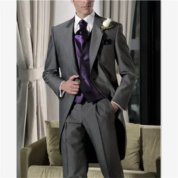 

Grey Satin wedding Men Suit Formal Skinny Stylish Male Blazer Party Custom Tuxedo (Jacket+Pants+Vest) Vestidos Mens Suits