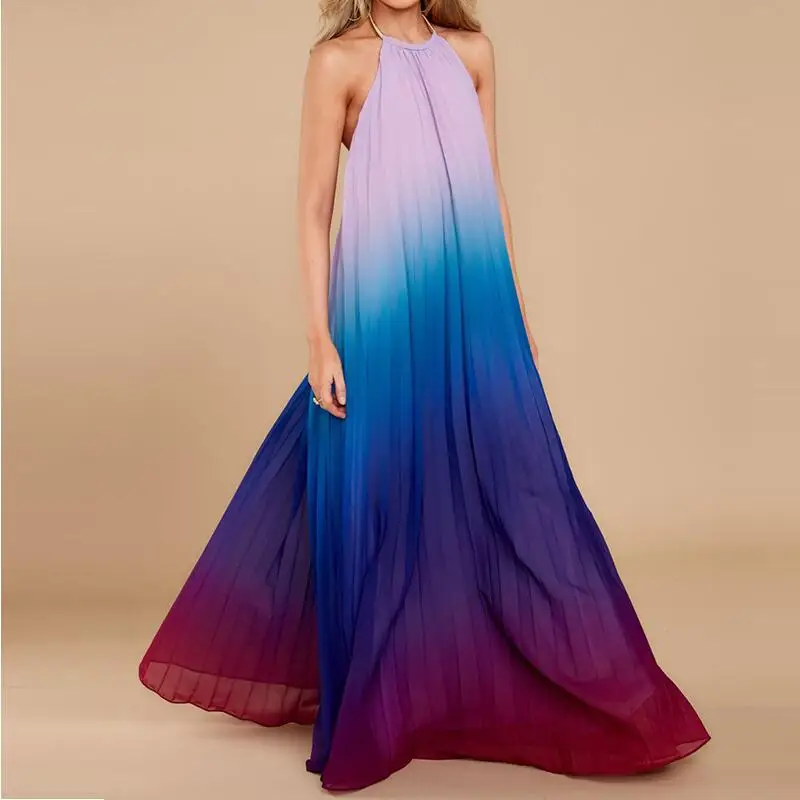 

Summer Women Gradient Backless Chiffon Pleated Maxi Dress Casual Cold Shoulder Halter Boho Beach Party Dress Sleeveless Robes