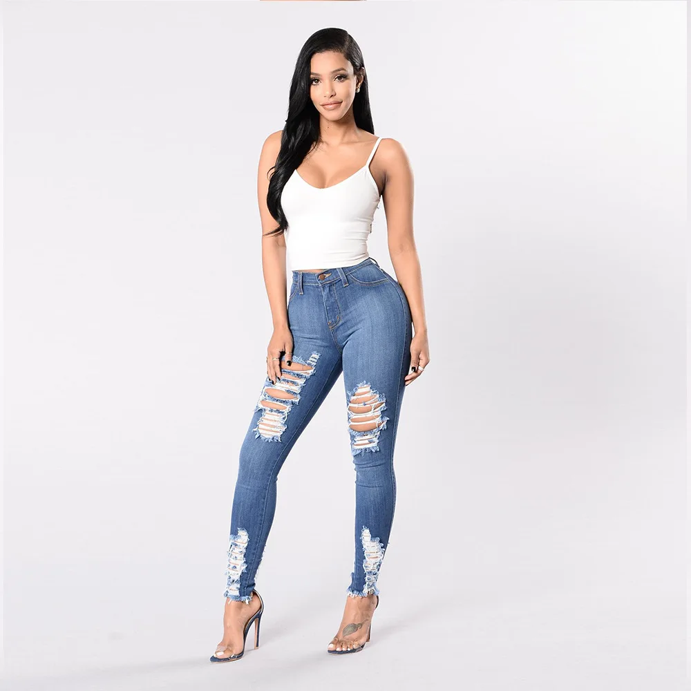 High Waist Jeans For Women Slim Stretch Holes Denim Bodycon Skinny Push Up Jeans Ripped Women's Jeans Multiple Colour 3XL zara jeans Jeans