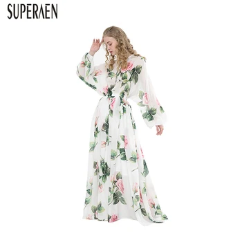 

SuperAen Europe Women Long Dress 2020 Spring New Round Neck Ladies Dress Printed Long Sleeve Chiffon Women Clothing Fashion