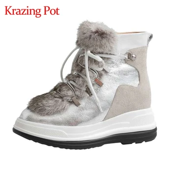 

Krazing pot genuine leather round toe flat platform snow boots winter keep warm simple style wild leisure cozy ankle boots L02