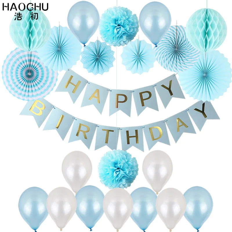 Blue 1 Набор 34pcs с днем рождения латексный шар бумажные украшения для вечеринки смешанный набор баннер с надписью ткань для изготовления гирлянд бумажный веер вафельная ткань с цветочным принтом - Цвет: Blue