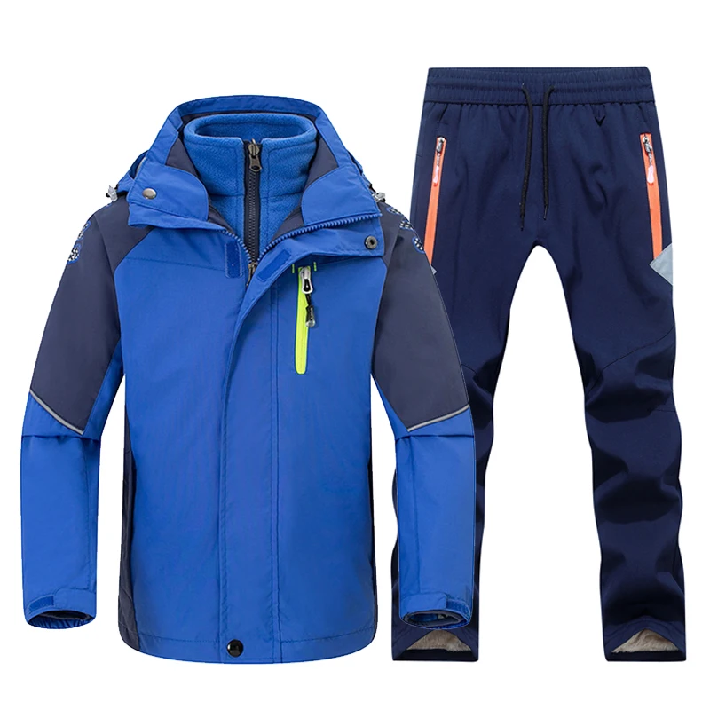 blue navy TRVLWEGO/детский походный костюм, детская Водонепроницаемая теплая походная куртка и штаны для мальчиков и девочек, зимняя Лыжная и туристическая одежда - Цвет: blue navy