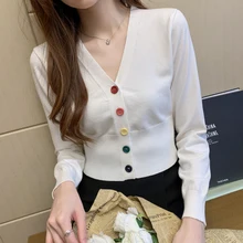 Botões coloridos camisola de malha cardigan feminino primavera outono com decote em v malha cardigan feminino colheita topos camisola de cintura alta camisas
