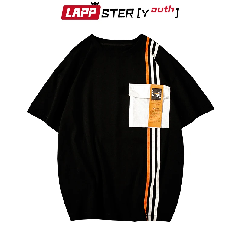 

LAPPSTER Ins Black Japnaese Streetwear T Shirts 2019 Mens Summer Harajuku Striped Fashions T-shirt Pocket Color Block Tops 5XL