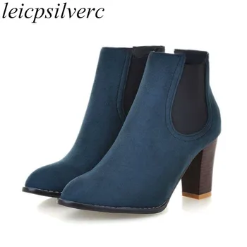 

Women Boots Spring Autumn 2017 Sexy New Fashion Flock Martin Ankle Boots Black Blue Red Non-slip High-heeled Motorcycle Shoes