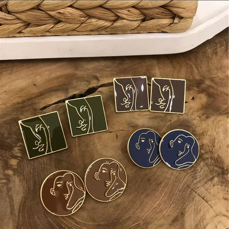 

New Fashion Geometric Round Square Oil Colourful Abstract Face Stud Earrings for Women Girl Gifts