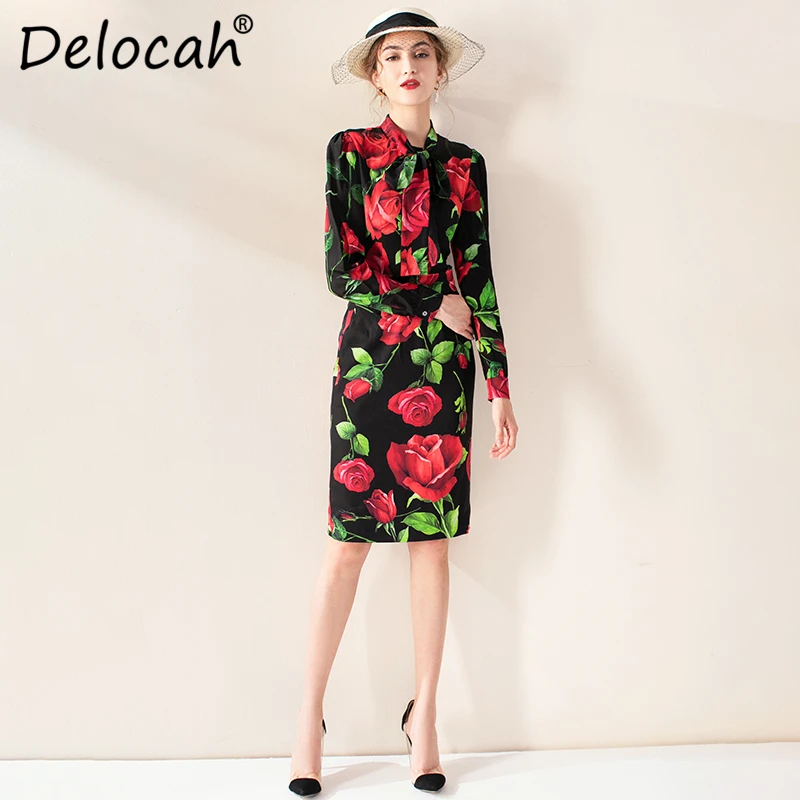 Delocah, осенне-зимняя женская юбка, подиумная, модная, дизайнерская, с принтом розы, шелк, для девушек, тонкая, Русалка, новые юбки