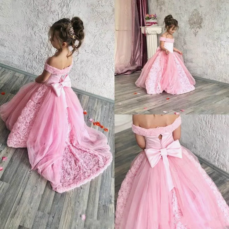 Розовое платье для девочек с цветами на свадьбу и День Рождения вечерние Дети платье для свадьбы пышные фатиновые кружева с поездом