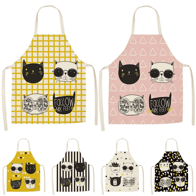 Lovely Cartoon Cats Kitchen Aprons for Women Cotton Linen Bibs Household Cleaning Pinafore Home Cooking Apron 53*65cm WQ0026