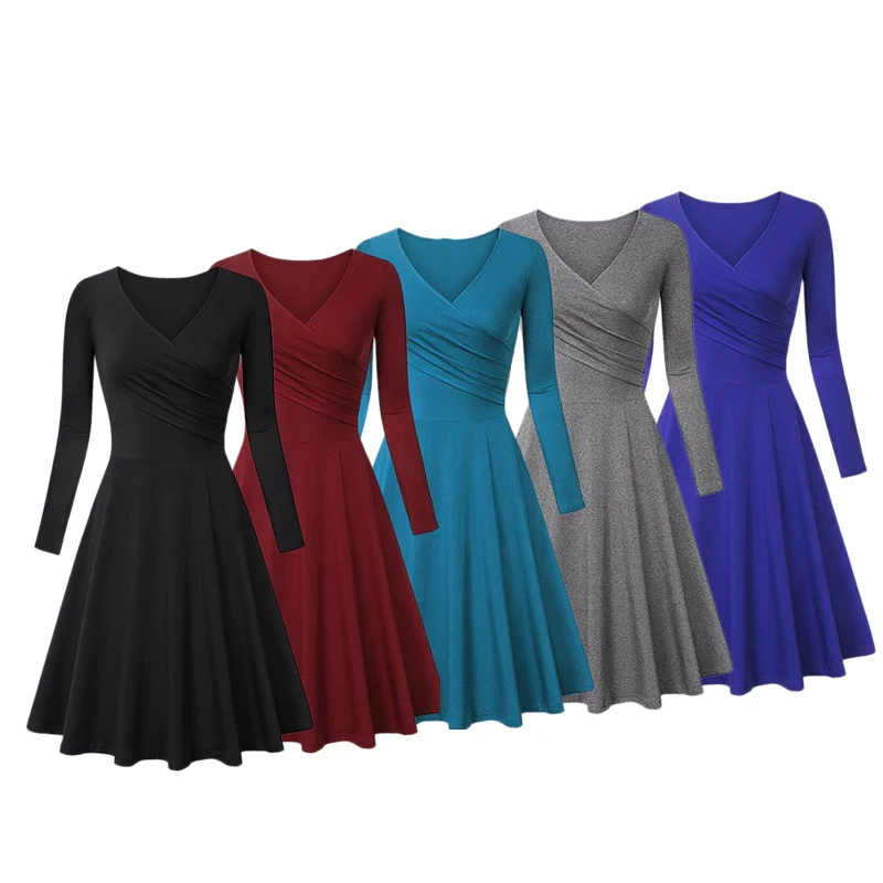 

2019 Spring Autumn New Women V-Neck Long-Sleeved Solid Color A word Casual Fashion Elegant Women Clothing Cotton Dress Vestidos