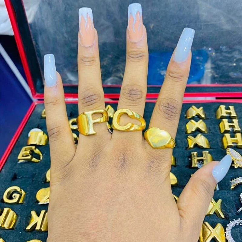 Fashion Hollow A Z Letter Ring Gold Metal Adjustable Opening Ring Initials Name Alphabet Female Party Valentine Party Jewelry Rings Aliexpress