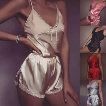 

2Pcs Summer Women Sleepwear Sleeveless V Neck Women Satin Silk Pajama Set Floral Sleepwear Top High Waist Shorts Solid Clothes