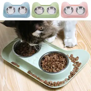 

New Double Bowl for Pet Dogs Cats Splash Proof Design Dog Food Bowl Water Feeder Stainless Steel Bowls with Non-Skid Base