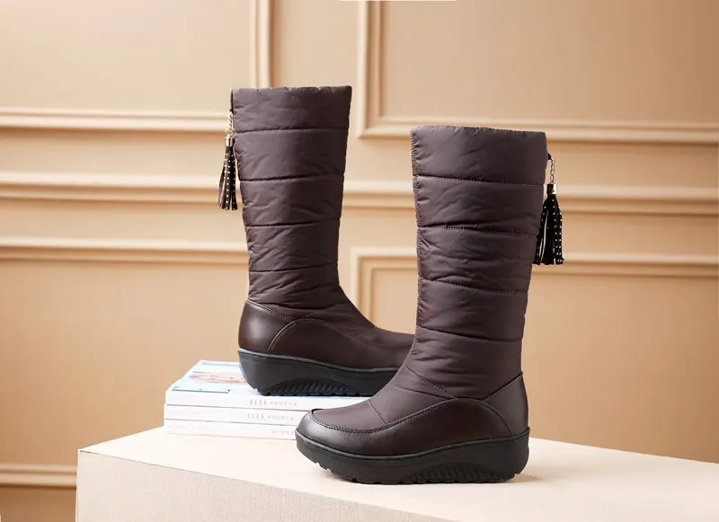 ASUMER/зимние ботинки, большие размеры 35-44 женские ботинки на танкетке однотонные женские зимние ботинки до середины икры на меху с кисточками - Цвет: Коричневый
