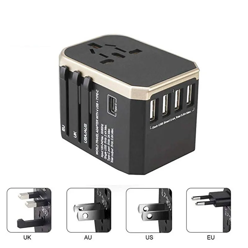 Universal Travel Adapter Plug International Adapter Converters With 4 USB+ 1 Type-C Charging Ports Wall Charger Plug KY54