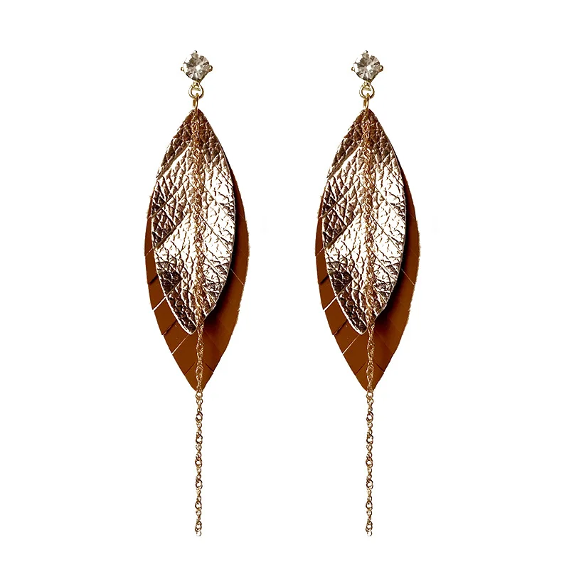 Boucles d'oreilles pendantes en plumes en cuir PU pour femmes, boucles d'oreilles longues JOLine, bijoux de boutique, 2 tons, couches, vente en gros