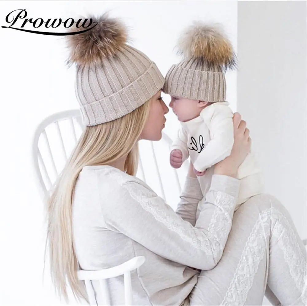 

PROWOW Hot Selling 2Pcs Family Matching Hats Winter Knit Warm Soft Beanie Mommy and Me Hat Hairball Cap for Adult Children Hats