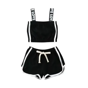 

US STOCK Baby Girls Kids Sunsuit Clothes Solid Color Sling Tops + Pants Clothes