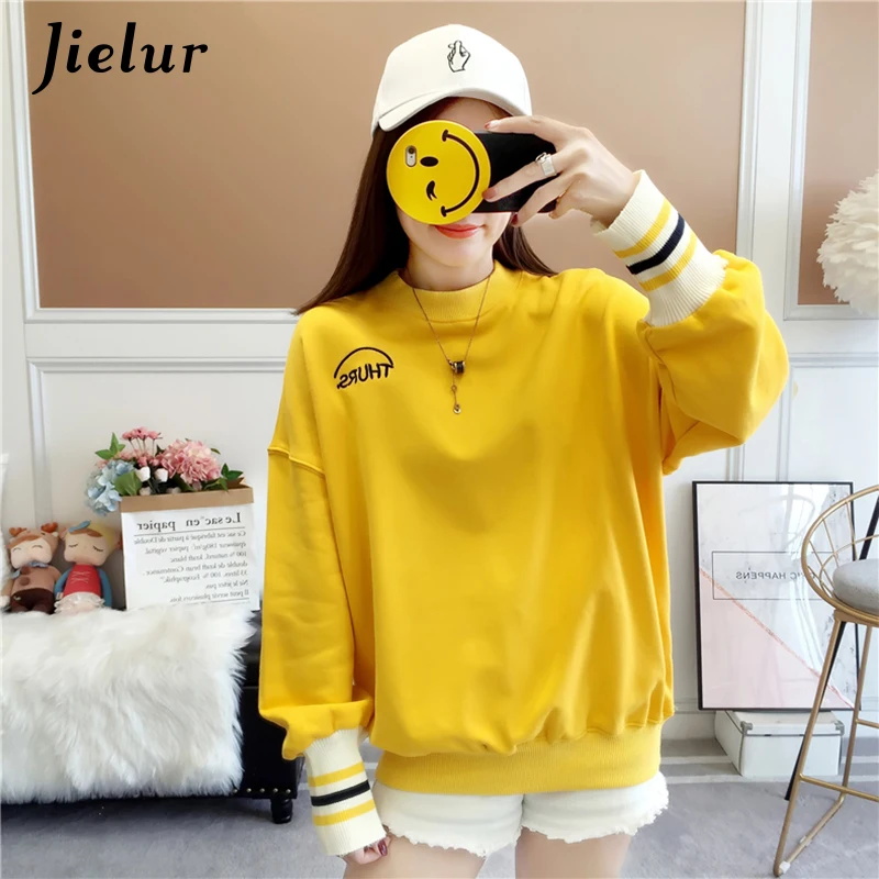 

Jielur Letter Printed Tshirt Women Loose Long Sleeve Casual O-neck Tee Tops Female Yellow M-XXL Ropa Mujer 2019 New T-shirt