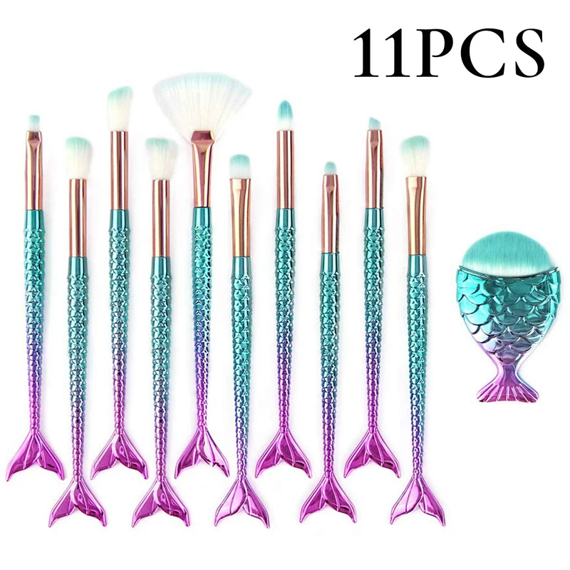 11PCS 10/11 шт. Русалка Красочные Профессиональный Макияж Кисти набор кистей для макияжа с деревянной Базовая кисть для теней инструмент рождественский подарок для подруги - Цвет: 11PCS