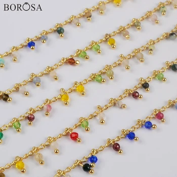 

BOROSA 3Meters 2mm Multi-kind Stone Beads Faceted Chains Gems Beaded Chain Brass Chains In Gold Color Accessories JT253
