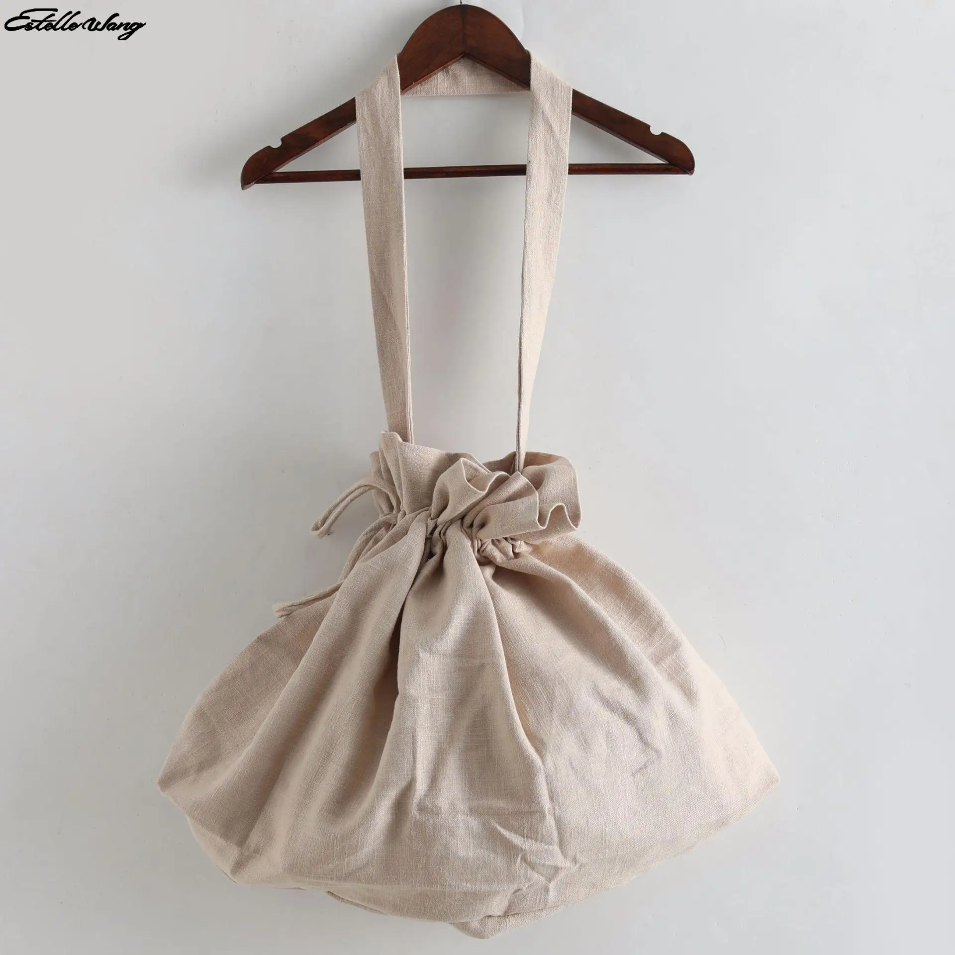 

New Cotton Linen Casual Tote Shoulder Bags National Unisex String Drawstring Large Handbag Vintage Hemp Cloth Crossbody Bag