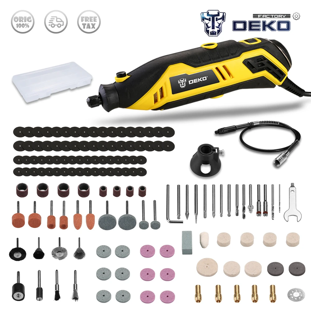 

Factory Outlet DEKO DKRT01 220V Variable Speed Mini Grinder Electric Cutting Polishing Drilling Rotary Tool with Accessories