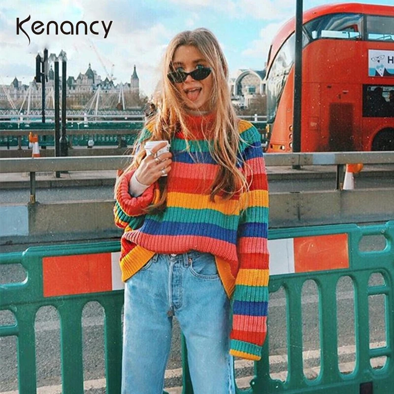 

Kenancy Rainbow Stripe Turtleneck Sweater Women's Pullovers Autumn Winter Warm Knit Jumpers Loose Colorful Sweaters Pull Femme