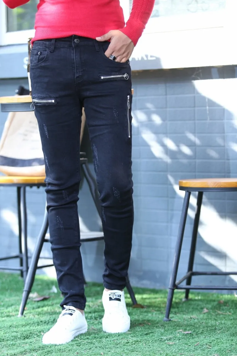 Модные новые индивидуальные молнии рваные мужские длинные брюки в стиле панк черные облегающие повседневные мужские брюки-карандаш