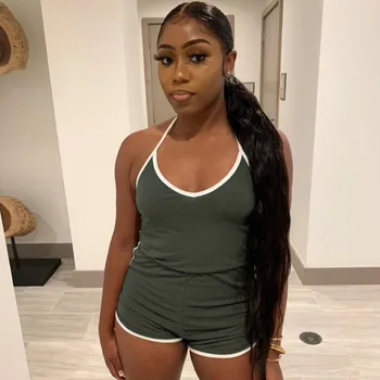 

Romper Women's Jumpsuit Sleeveless Straps Halter Home Fitness Jumpsuit Contrast Slim Fit Playsuits Bohemian Beach Summer Rompers