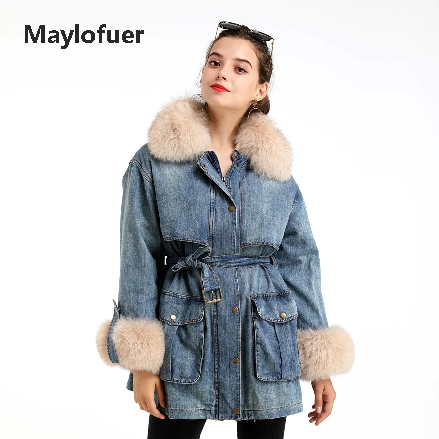 Maylofuer Новая женская синяя джинсовая куртка съемный пуховик натуральный Лисий мех воротник и манжеты с поясом