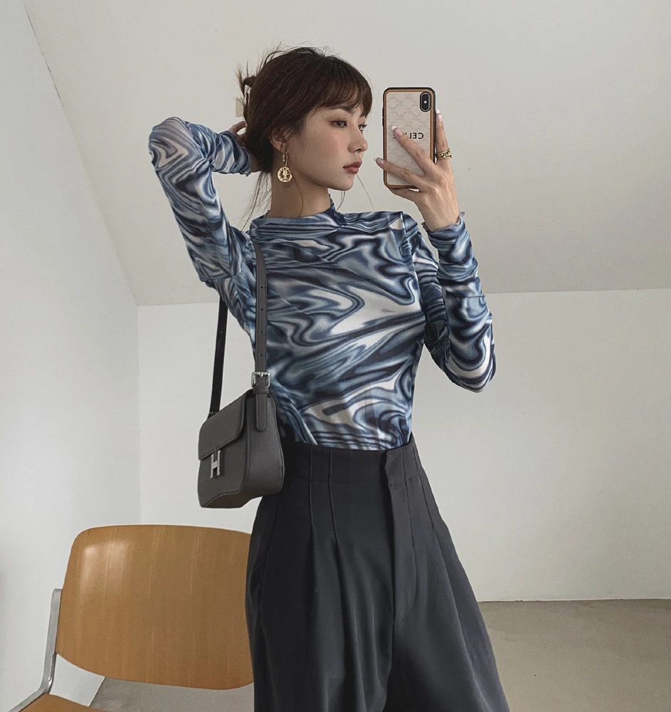 

Real Shot 2021 Spring And Autumn New Tie Dye Half High Collar Long Sleeve T-Shirt Women's Bottoming Shirt