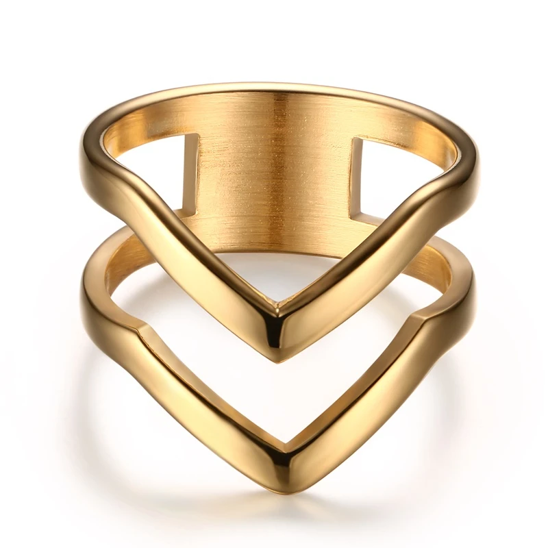 Очаровательные женские вечерние кольца из нержавеющей стали серебряный тон двойное кольцо в форме шеврона кольцо на кастет геометрический ее подарки - Цвет основного камня: gold
