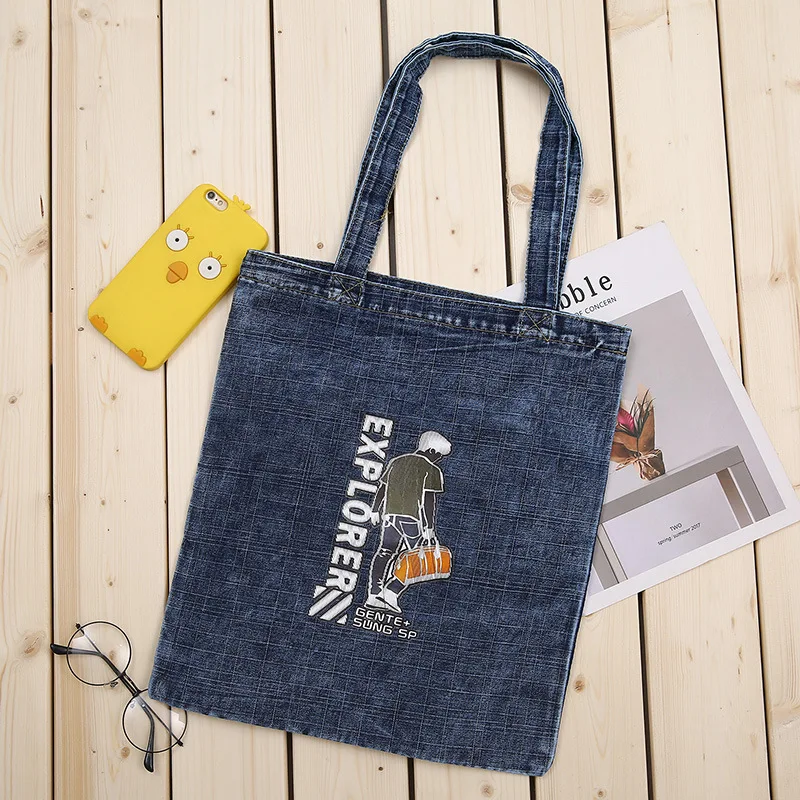 Холщовая Сумка в Корейском стиле, Гламурная модель, печатная джинсовая сумка, большая емкость, Студенческая сумка, сумка для покупок