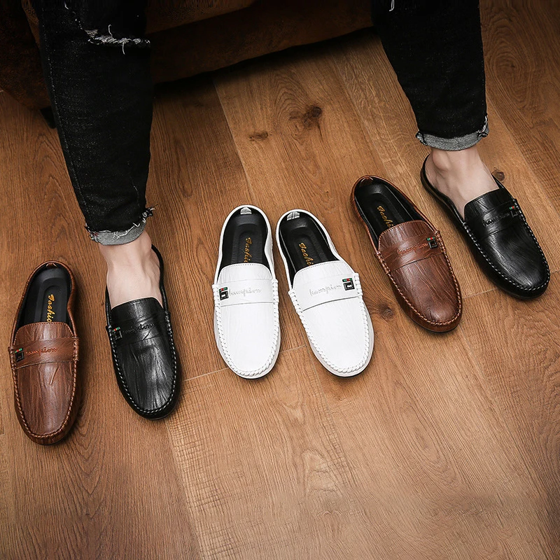Italian Luxury Men\'s Slippers PU Leather Loafers Men Moccasins Casual Non-slip Man Shoes Summer Fashion Half Shoes For Men