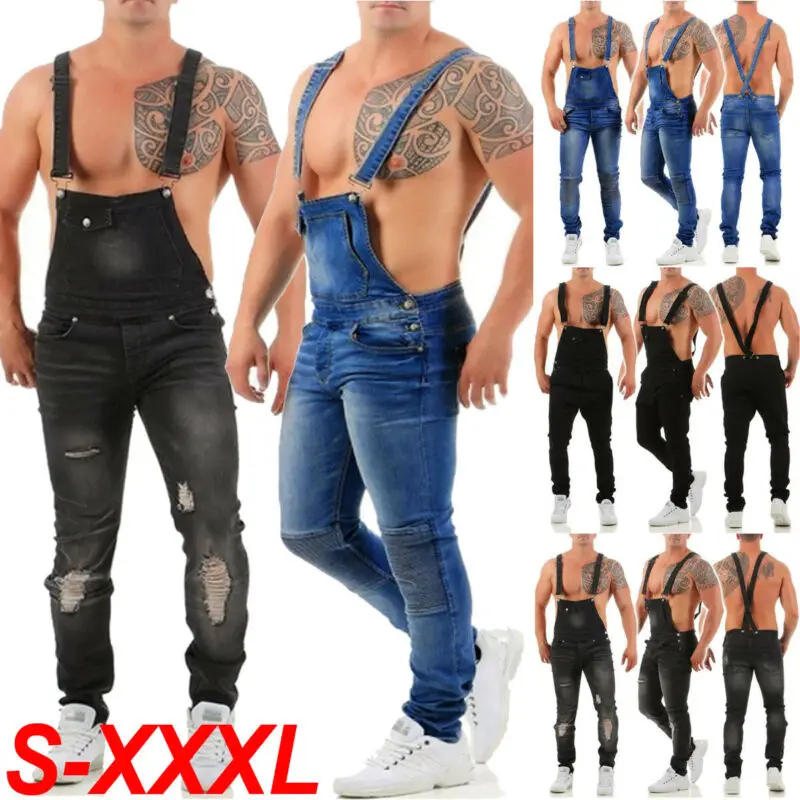 

Summer New Fashion Mens Slim Jumpsuit Fit Denim Overalls Suspender Trousers Bib Pants Skinny Frayed Jeans Dropshipping
