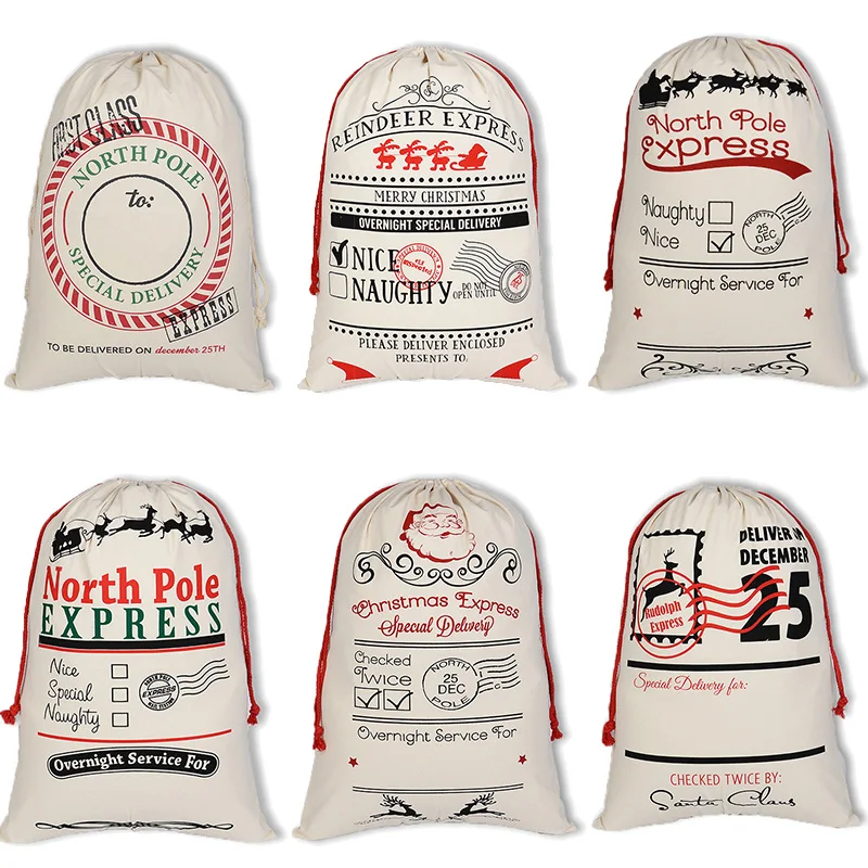 

5pcs/lot Christmas Gift Bag 24 Styles Red Drawstring Canvas Santa deer Sack Rustic Vintage Christmas stocking bags Decoration