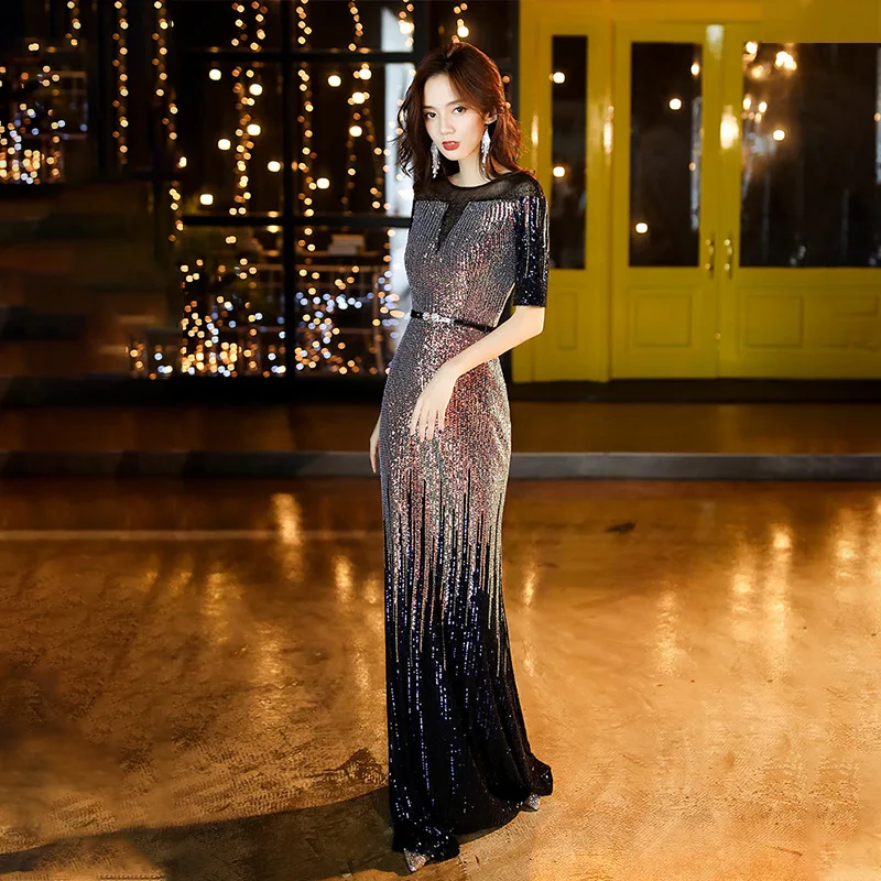 

Black Women Sexy Queen Banquet Dresses Exquisite Sequins Mermaid Evening Party Dress Tassel Floor Length Qipao Robe De Soiree