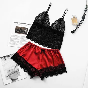 

Sexy Pyjamas Set Women Satin Lace V-neck Camisole Bowknot Shorts Suits Casual Sleepwear Pajamas Lingerie Nightdress Sleepshirts