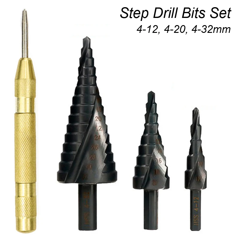 Center Punch Locator HSS Cobalt Step Cone Drill Bit Nitride Coated Wood Plastic Metal Step Drill Bit Hole Cutter Spiral Groove