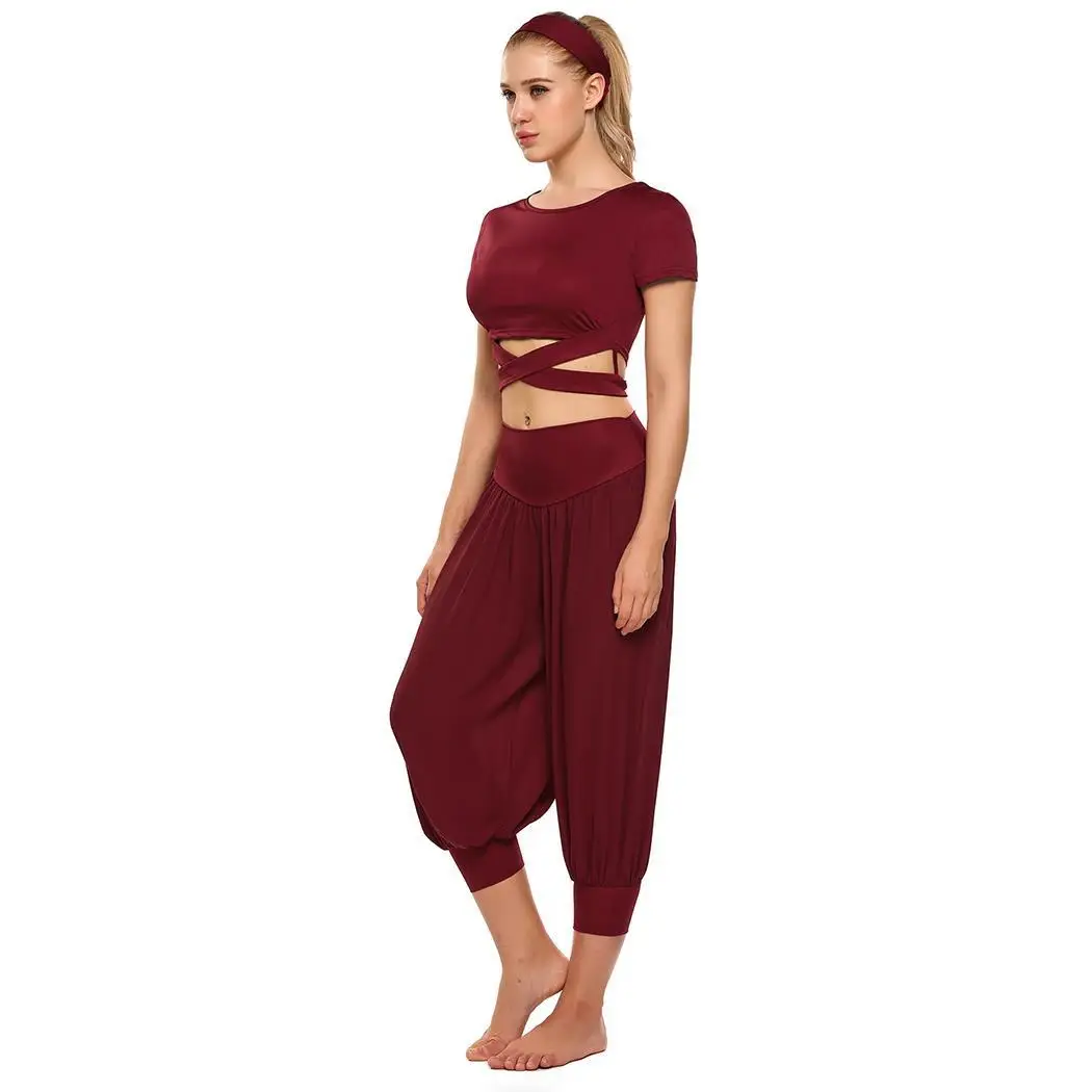 Women 3 Pieces Yoga Set Short Sleeve Crop Cropped Solid Top Chiffon Pants Summer Elastic Headband Set Fitness