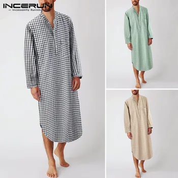 

INCERUN Men Leisure Plaid Sleep Robes Long Sleeve Stand Collar Casual Bathrobes Lattice Breathable Nightgown Homewear Plus Size