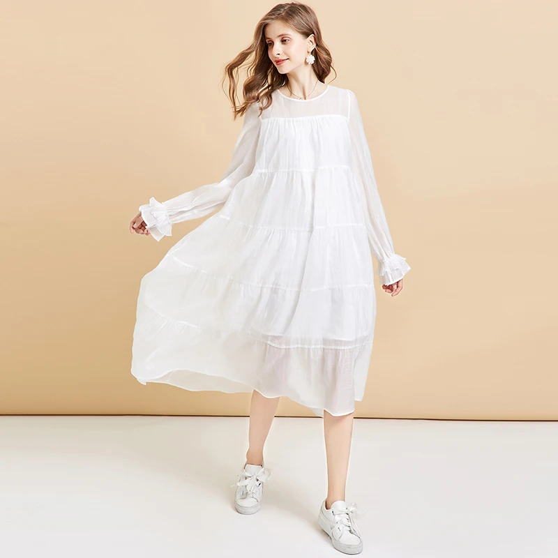 ARTKA осеннее Новое Женское платье Элегантное однотонное белое платье с длинными рукавами с круглым вырезом Свободное длинное платье для женщин LA10199Q