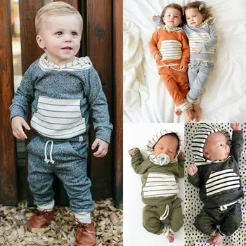 

New Newborn Baby Boy Girl Clothes Winter Autumn Striped Patchwork Hooded Sweatshirt Tops Long Pants Outfit Tracksuit
